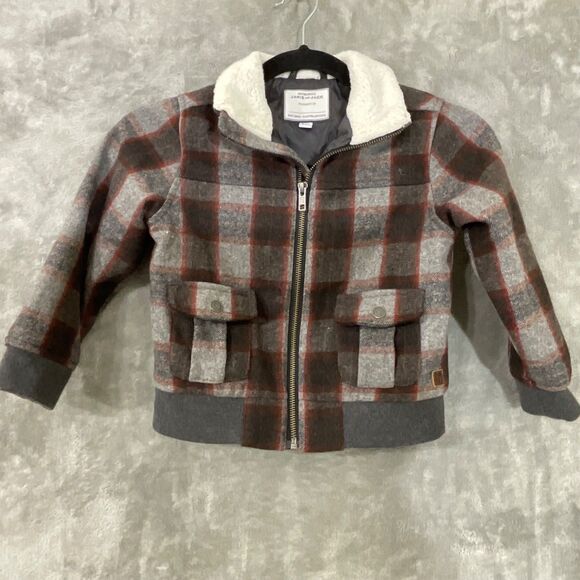 Janie & Jack Sherpa Plaid zip up Bomber Jacket Toddler Size 3/4 brown wool blend - Picture 1 of 14